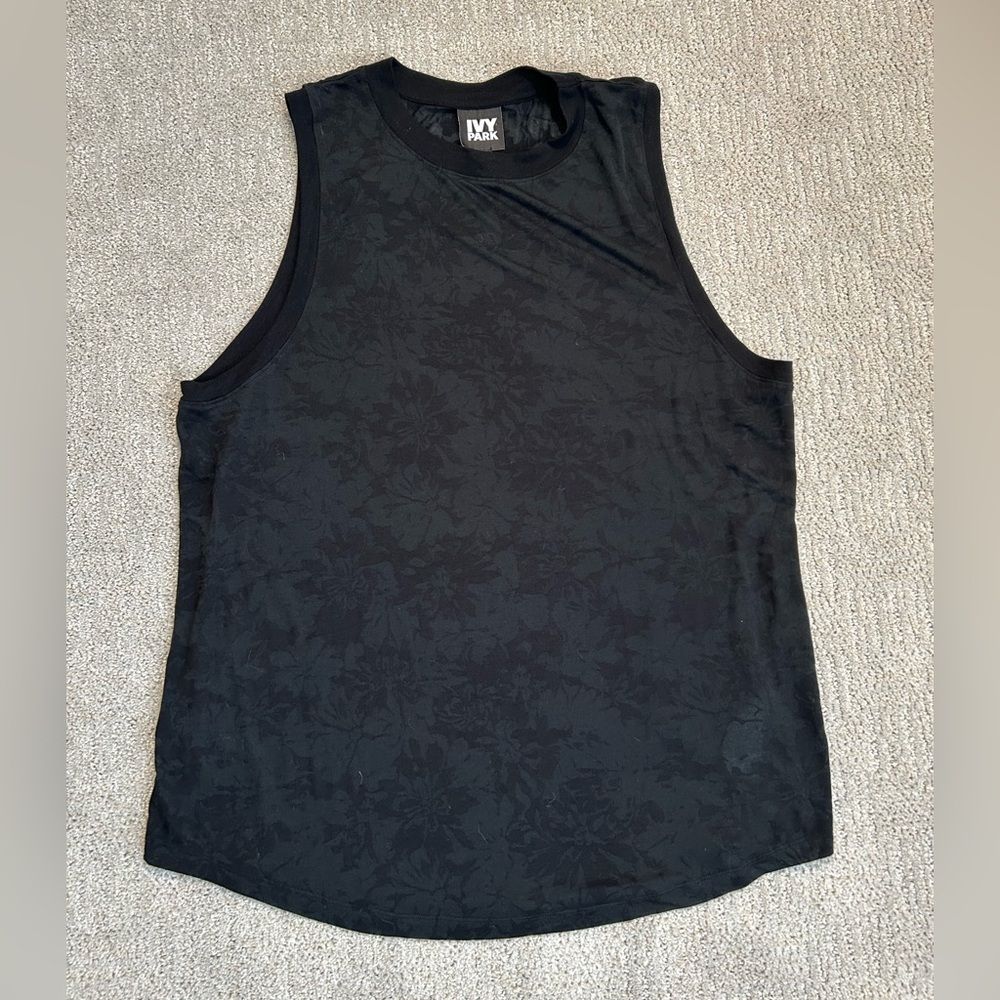 Ivy Park black floral tank fitness top, size large